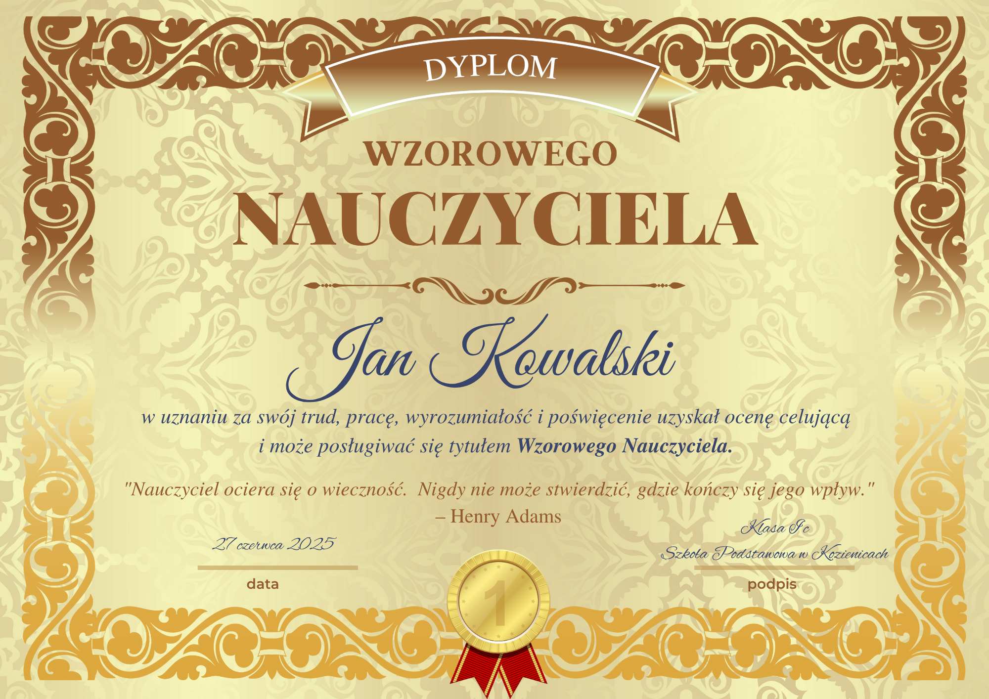Dyplom dla Nauczyciela - Wzorowy Nauczyciel