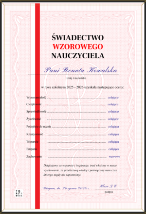 Świadectwo Wzorowy Nauczyciel