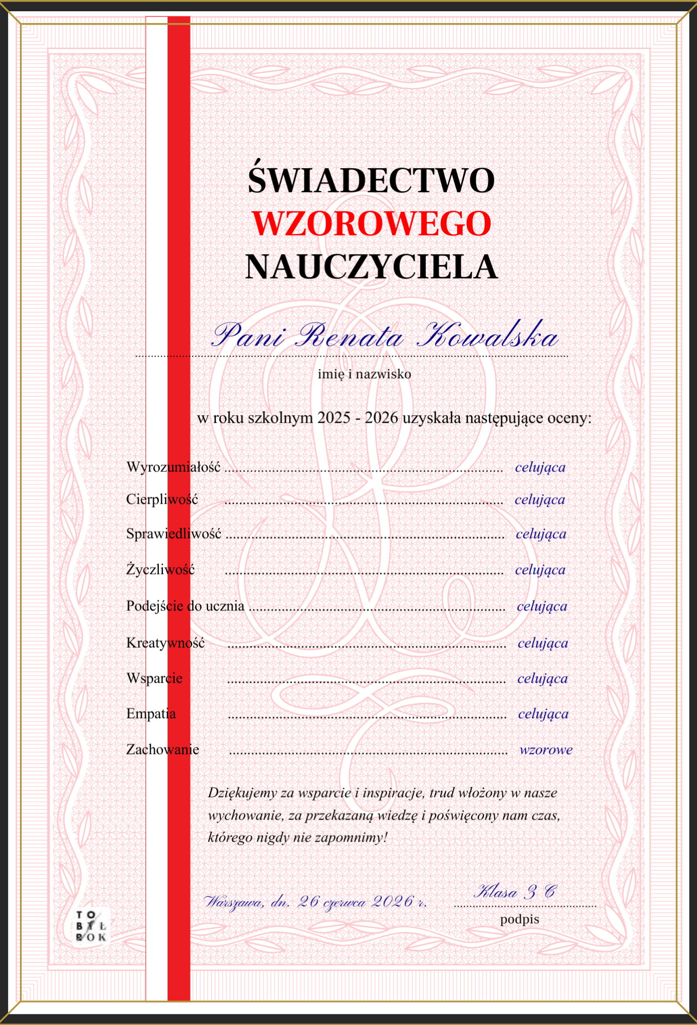 Świadectwo Wzorowy Nauczyciel